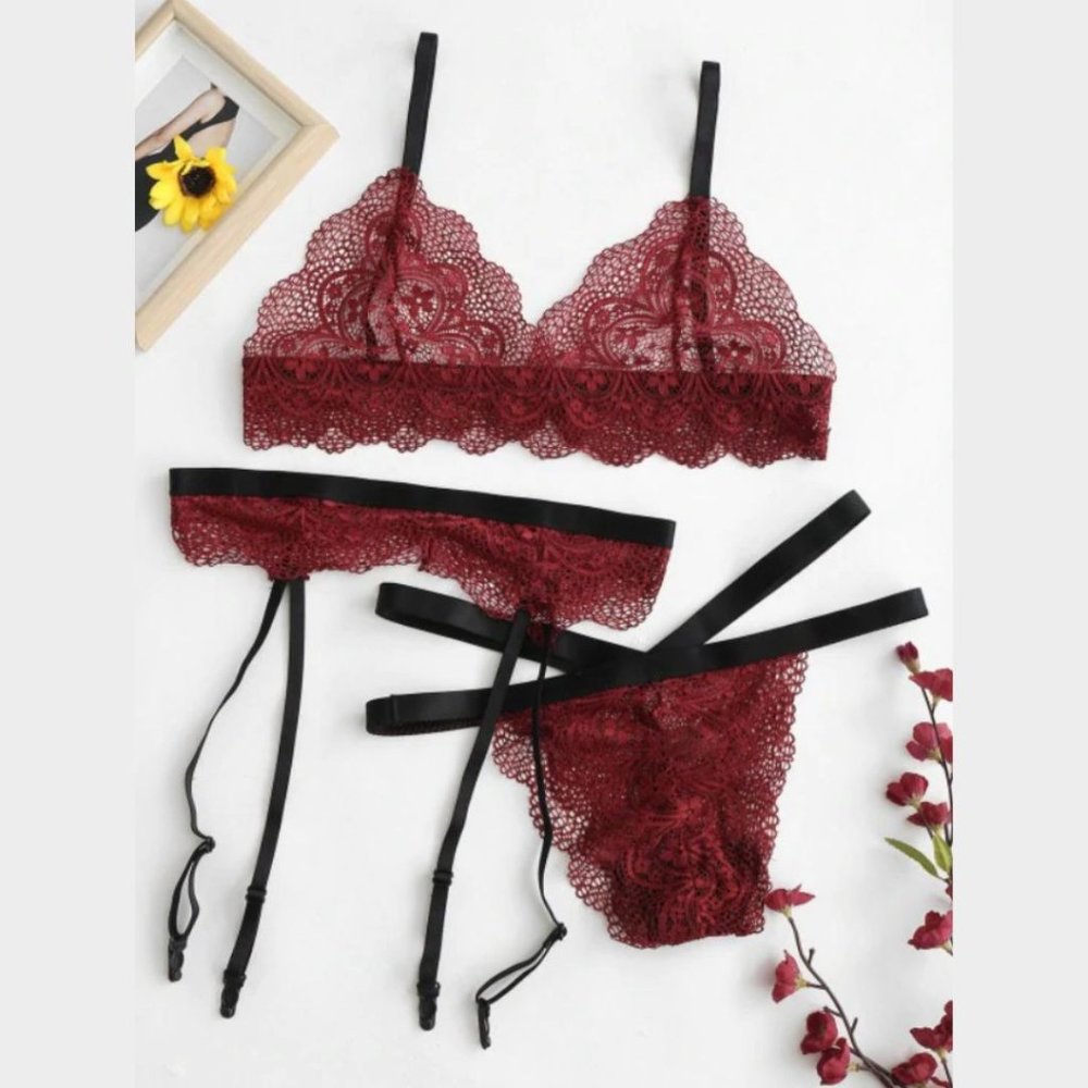 Zaful Garter Belt Scalloped Lace Lingerie Set, Red Wine